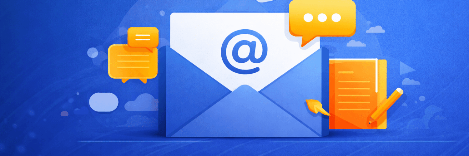 Kuvitus, joka esittää yhteydenottoa ja viestintää – sähköposti, puhekuplat ja viestit Downloadcentral.fi-sivustolla.