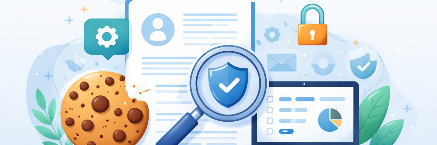 Kuvitus, joka esittää tietosuojaa ja evästeiden käyttöä – asiakirjoja, suurennuslasi, lukko, suojakilpi ja analytiikkaa tietokoneella